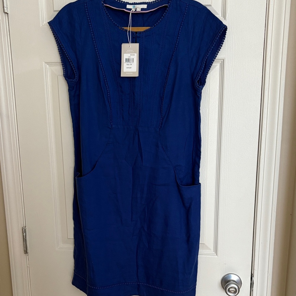 Boden Linen Royal Blue Cap Short-Sleeve Mini Dress with Front Pockets Embroidery